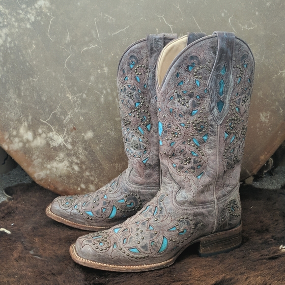 CORRAL A1149 brown studded leather cowgirl western boots turquoise inlay sz 7 - Picture 2 of 16